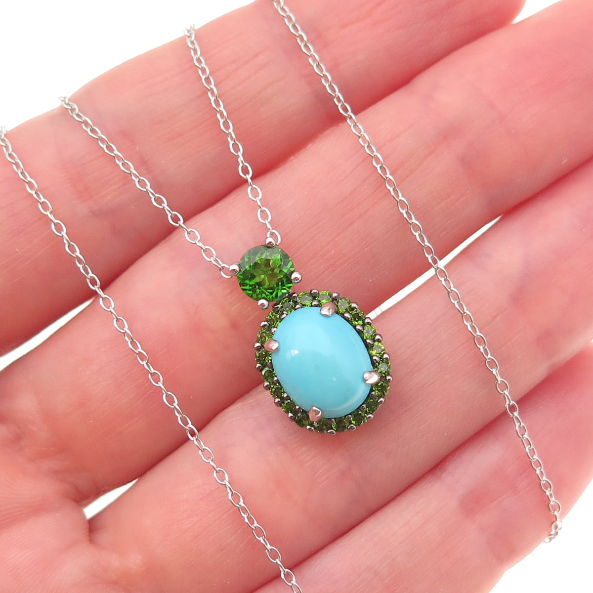 925 Sterling Silver Real Turquoise & Peridot Cable Chain Necklace 18"