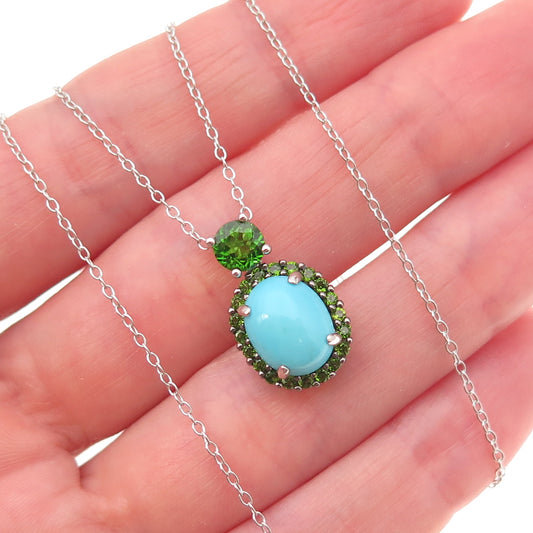 925 Sterling Silver Real Turquoise & Peridot Cable Chain Necklace 18"