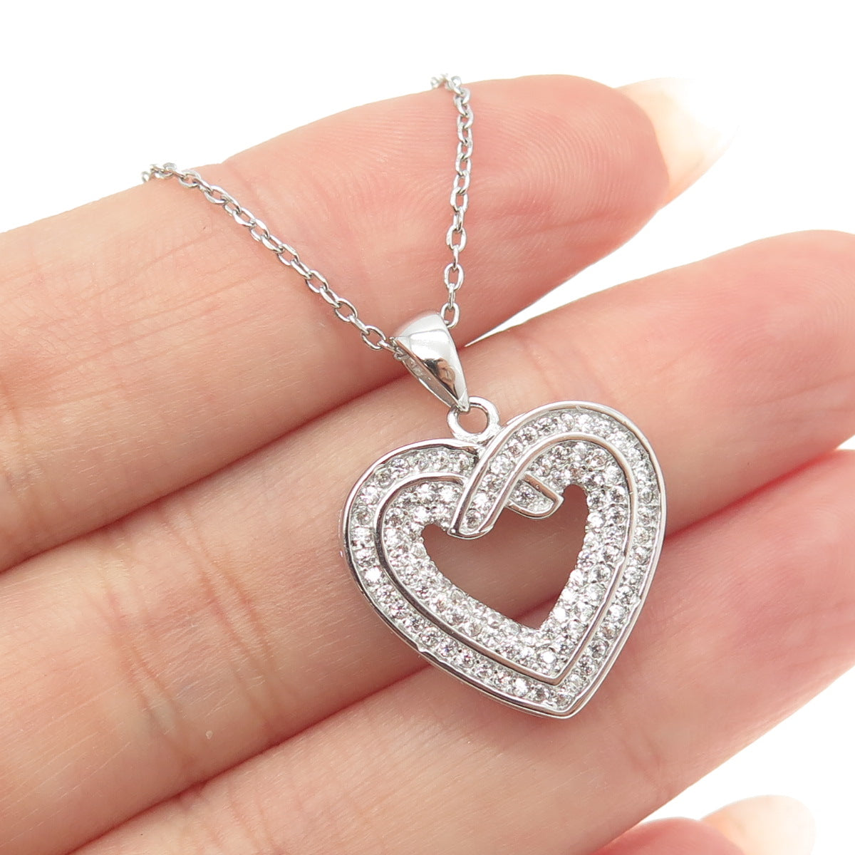 925 Sterling Silver Round-Cut C Z Heart Chain Necklace 18"