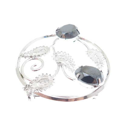 D'OR 925 Sterling Silver Vintage Real Hematite Filigree Floral Leaf Pin Brooch