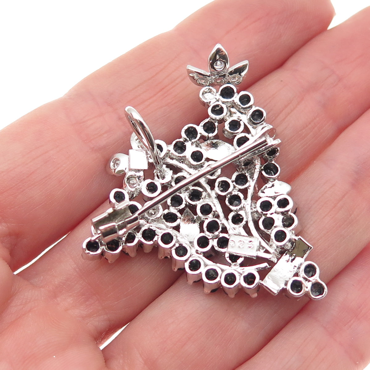 925 Sterling Silver Vintage Real Sapphire & C Z Floral Pin Brooch / Pendant