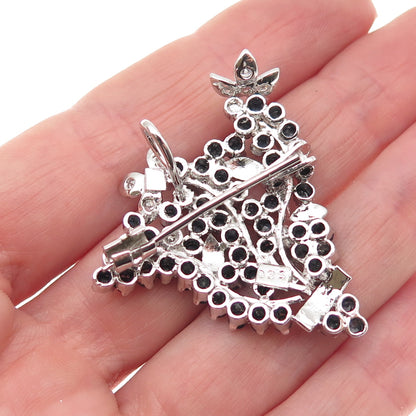 925 Sterling Silver Vintage Real Sapphire & C Z Floral Pin Brooch / Pendant
