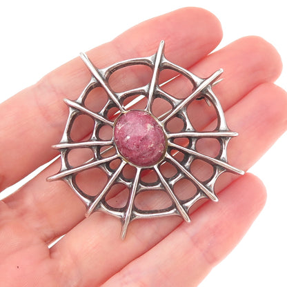 David Andersen 925S Sterling Vintage Norway Real Rhodonite Spider Web Brooch