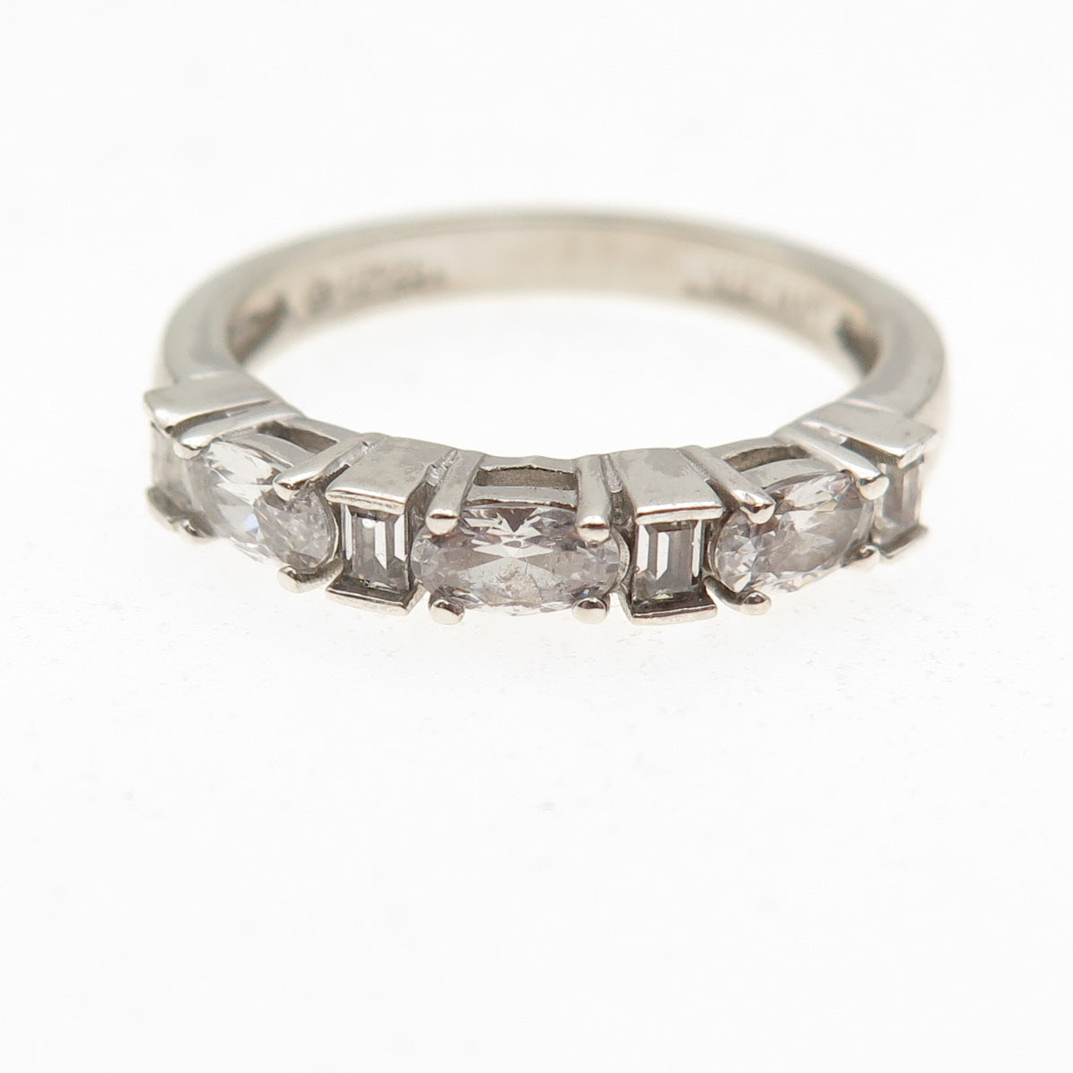925 Sterling Silver Oval & Emerald-Cut C Z Half Eternity Band Ring Size 8.25
