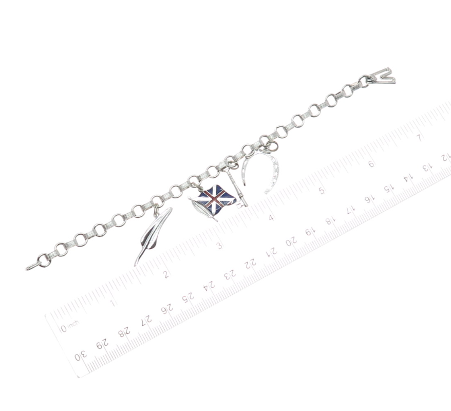 925 Sterling Antique Enamel Union Flag Feather Horseshoe Key Charm Bracelet 6.5"
