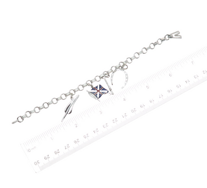 925 Sterling Antique Enamel Union Flag Feather Horseshoe Key Charm Bracelet 6.5"