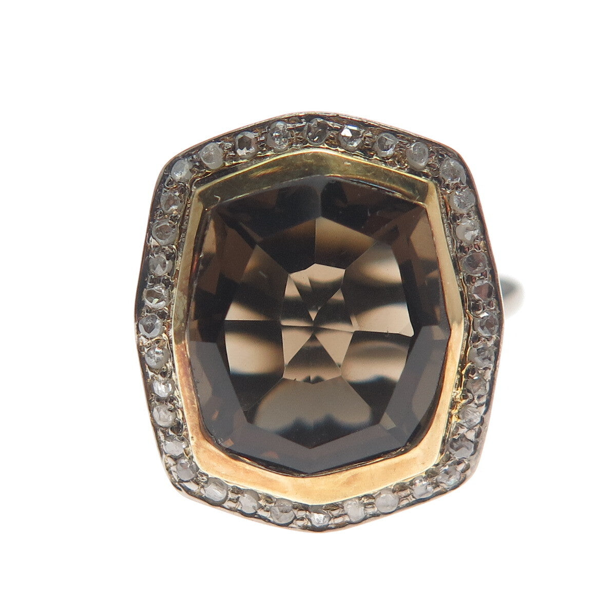 925 Sterling Silver Black Rhodium 2-Tone Diamond & Smoky Quartz Ring Size 6.75