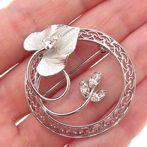 Carl Art Sterling Silver Antique Art Deco Rhinestone Floral Pin Brooch / Pendant