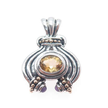 14K Gold 925 Sterling Silver Vintage Real Citrine & Amethyst Modernist Pendant