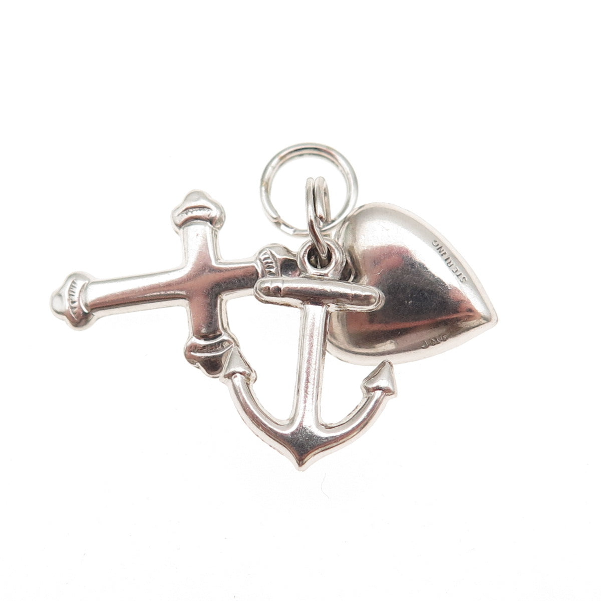 J.M. FISHER 925 Sterling Silver Vintage Heart Cross Anchor Mini Charm Pendant