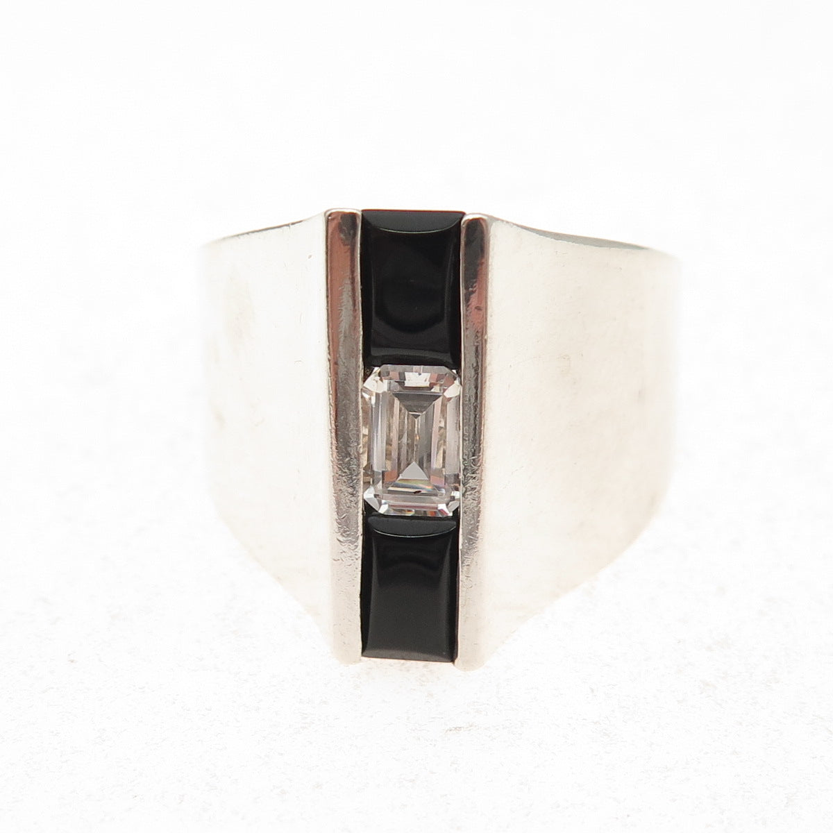 Tom Solon 925 Sterling Silver Vintage Real Black Onyx & C Z Ring Size 9.25