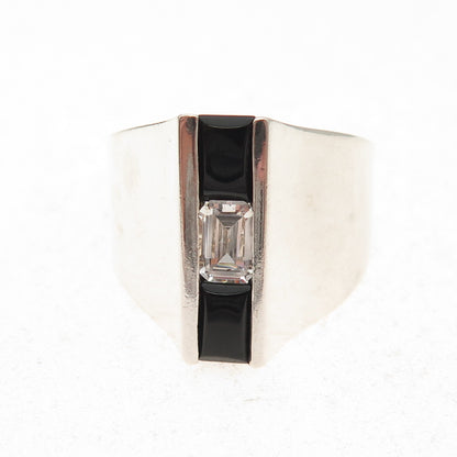 Tom Solon 925 Sterling Silver Vintage Real Black Onyx & C Z Ring Size 9.25
