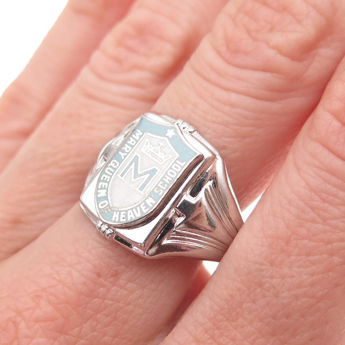 SK&F Sterling Silver Vintage Enamel Mary Queen of Heaven School Ring Size 8.25