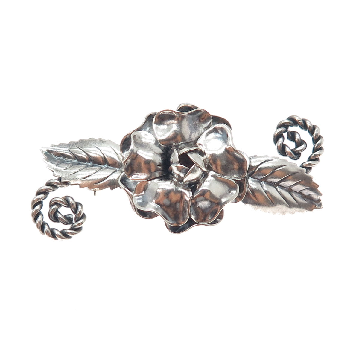 925 Sterling Silver Antique Art Deco Peony Flower Oxidized Pin Brooch