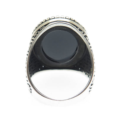 925 Sterling Silver Vintage Real Black Onyx Granulated Oxidized Ring Size 8