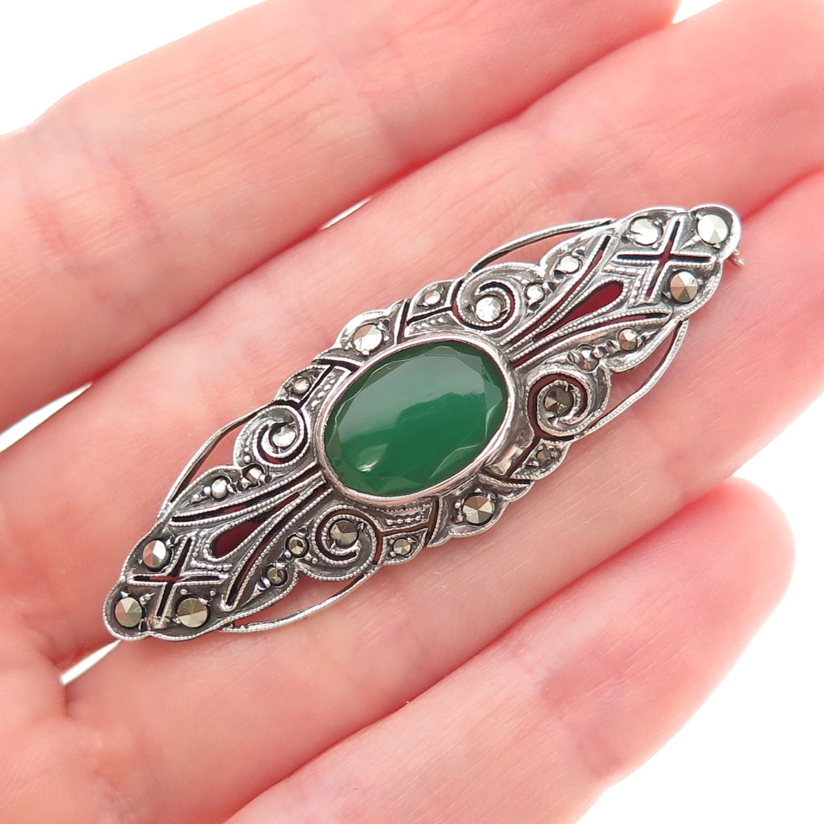 925 Sterling Silver Antique Art Deco Germany Green Onyx & Marcasite Pin Brooch
