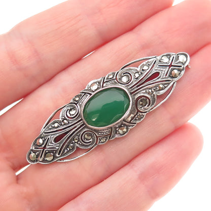 925 Sterling Silver Antique Art Deco Germany Green Onyx & Marcasite Pin Brooch