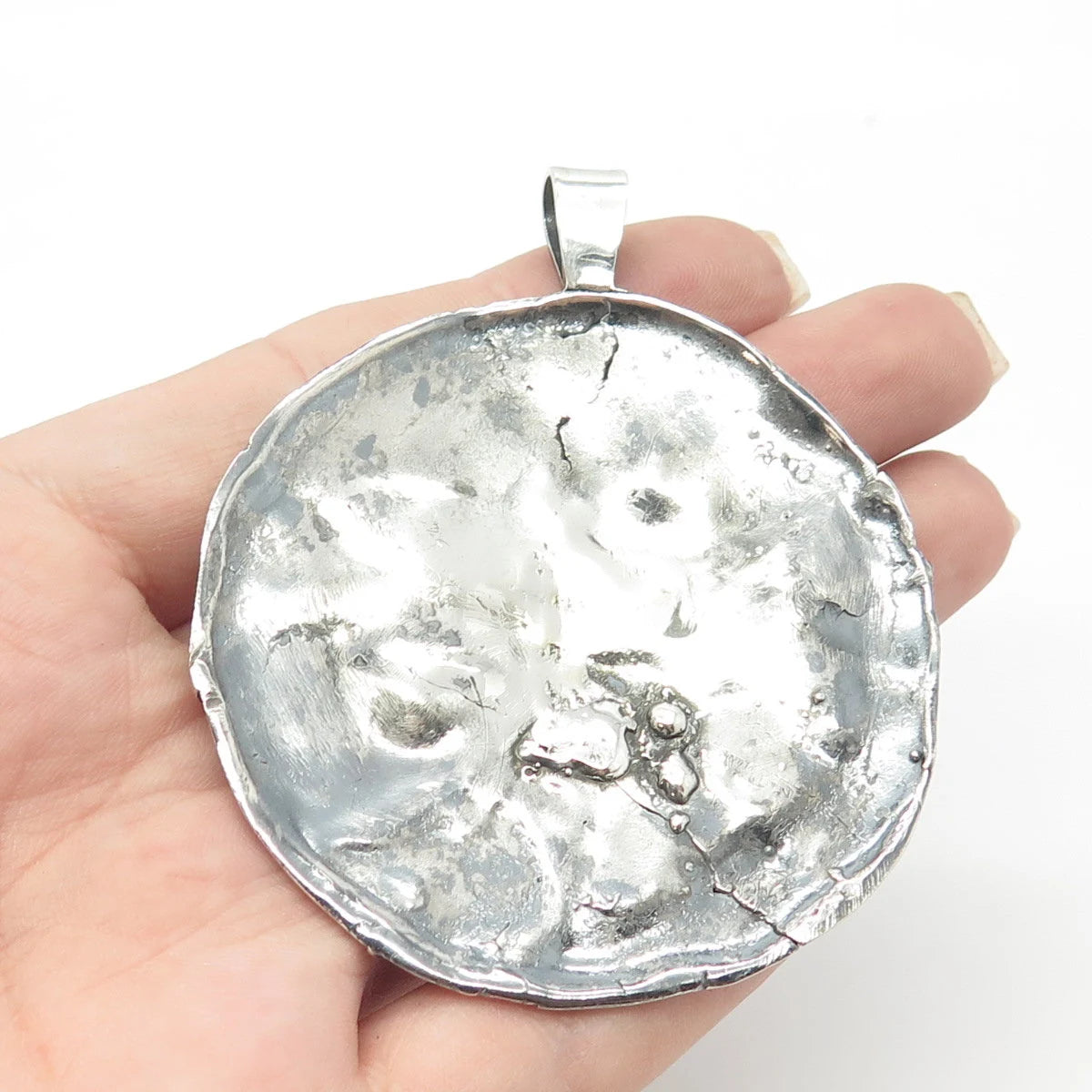 925 Sterling Silver Vintage Brutalist Modernist Large Round Pendant