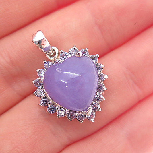 925 Sterling Silver Real Lavender Jade & Sapphire Heart Charm Pendant