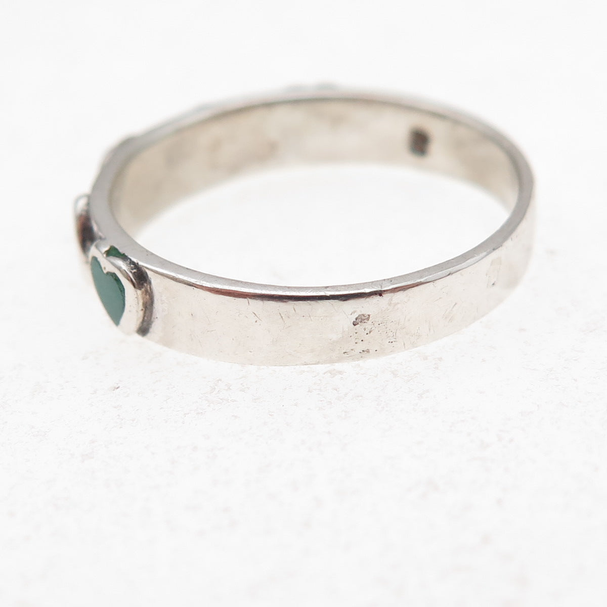 925 Sterling Silver Vintage Real Malachite Heart Oxidized Band Ring Size 8.75