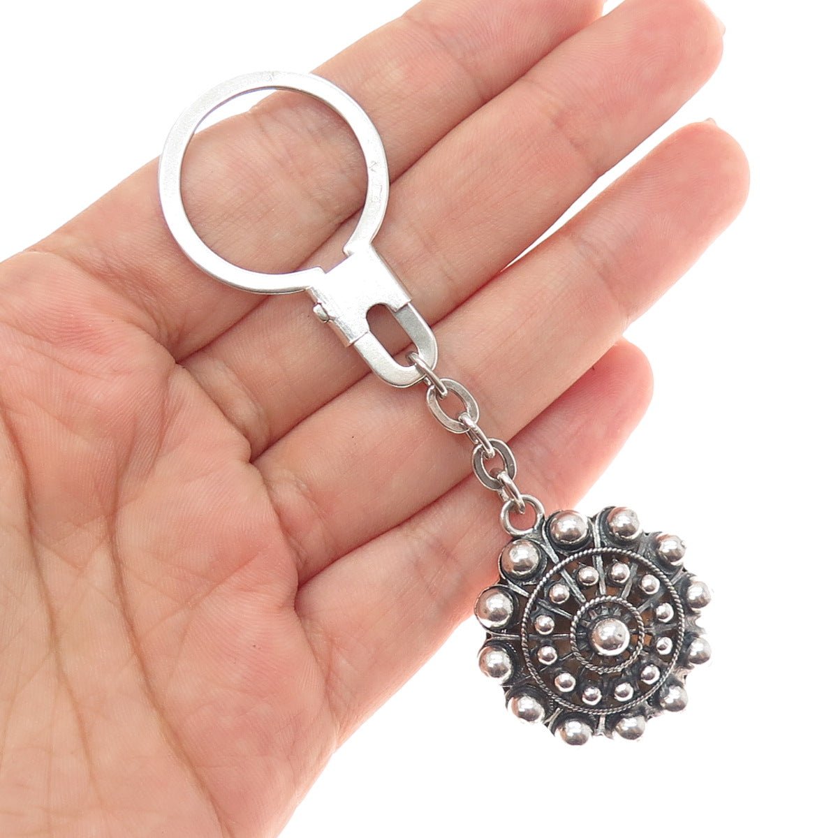 925 Sterling Silver Vintage Plaza Mayor Madrid Oxidized Key Fob Chain Ring
