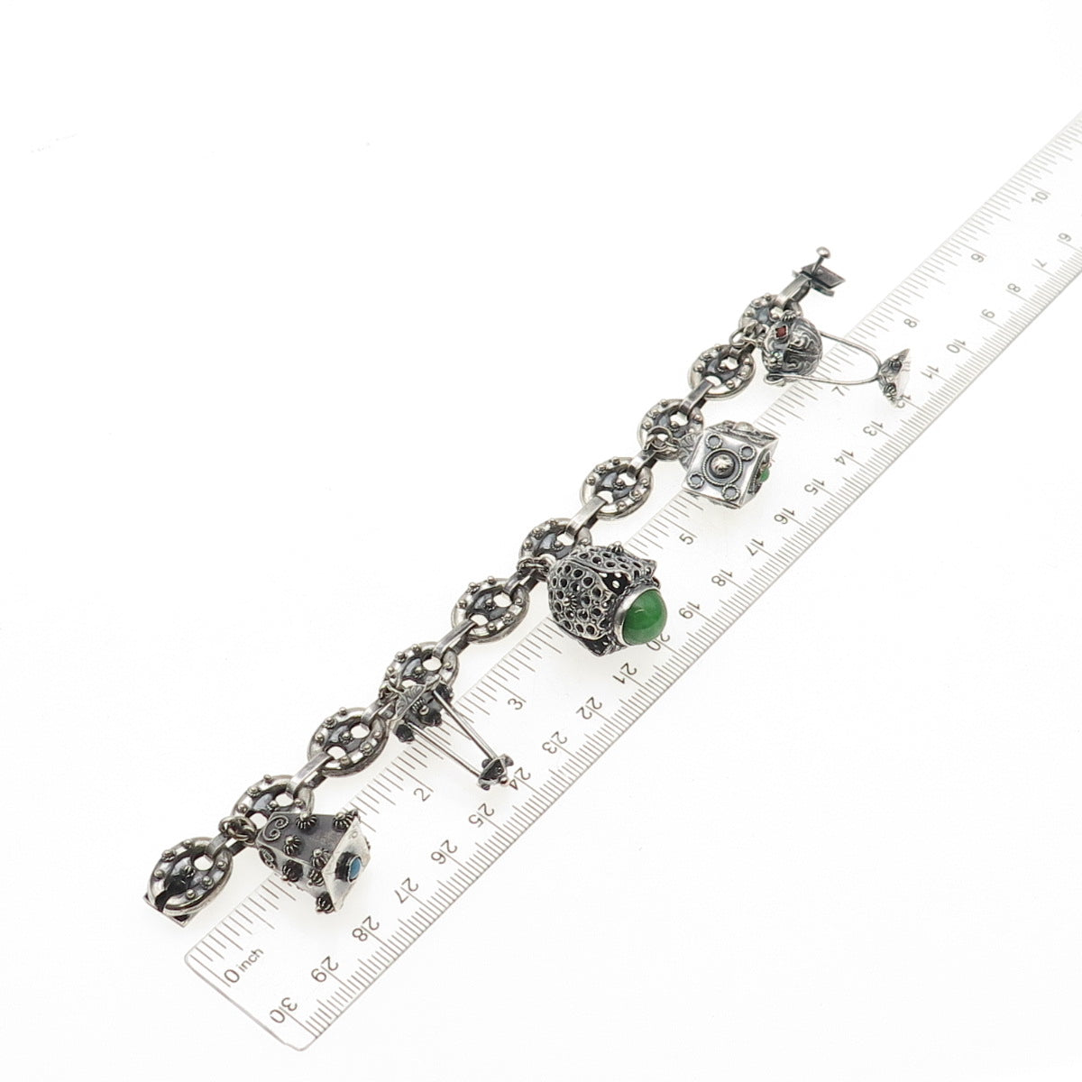 800 Silver Antique Art Deco Italian Etruscan Revival Charm Bracelet 7.25"