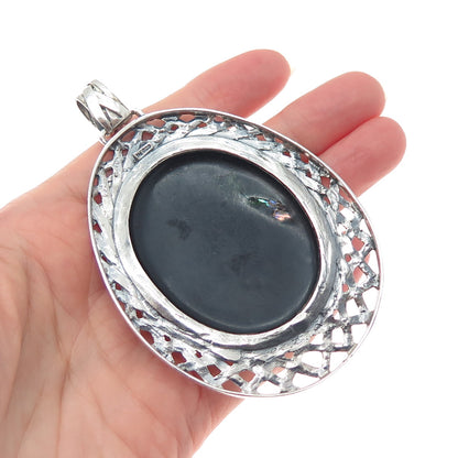925 Sterling Silver Vintage Real Abalone Shell Ornate Large Teardrop Pendant