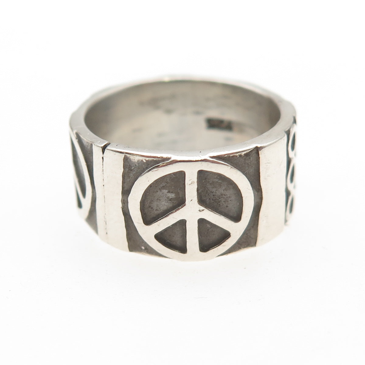 925 Sterling Silver Vintage Peace Symbol Oxidized Band Ring Size 6