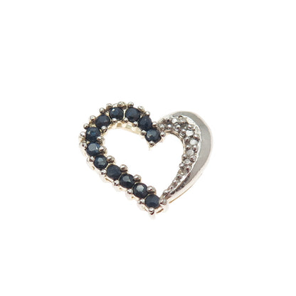 925 Sterling Silver 2-Tone Real Diamond Accent Sapphire Heart Mini Slide Pendant