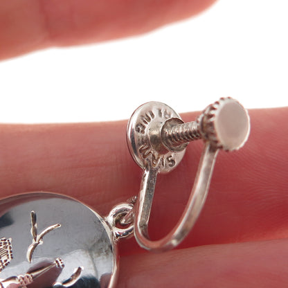 925 Sterling Silver Antique Siam Niello Old Town Screw Back Dangle Earrings
