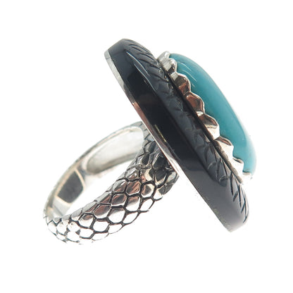 925 Sterling Silver Real Tyrone Turquoise & Black Onyx Snake Skin Ring Size 6.25