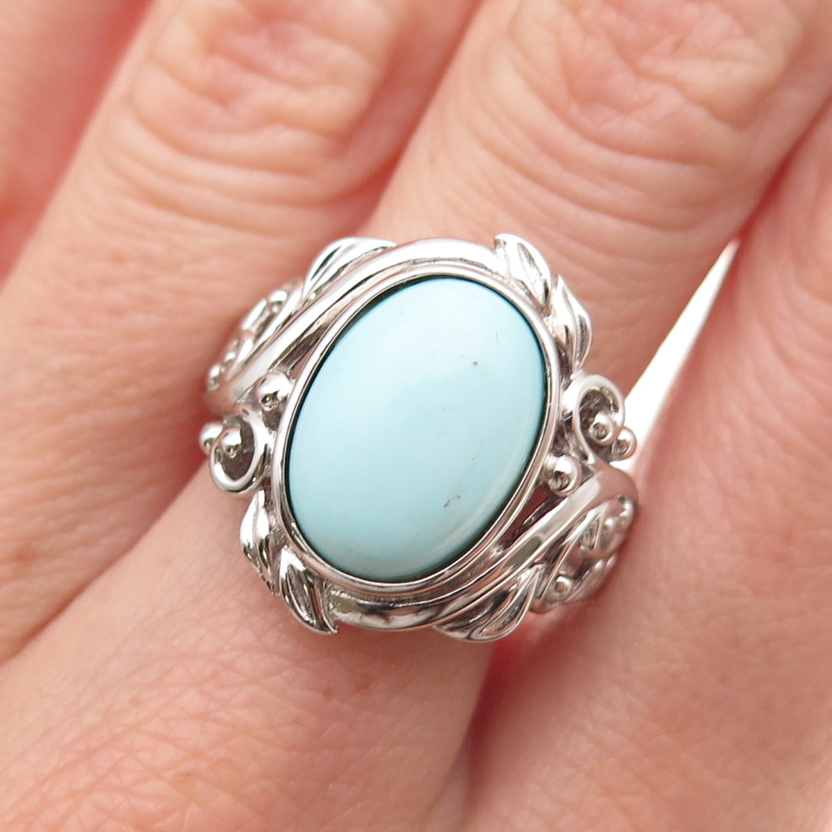 925 Sterling Silver Real Cabochon Tyrone Turquoise Floral Ring Size 8.25