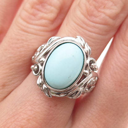925 Sterling Silver Real Cabochon Tyrone Turquoise Floral Ring Size 8.25