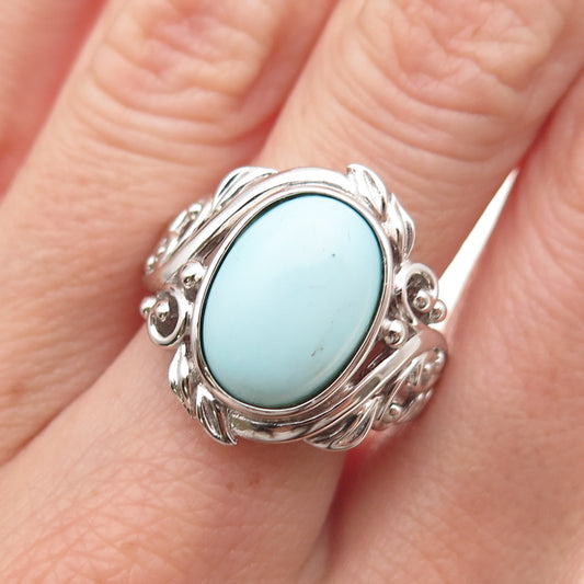 925 Sterling Silver Real Cabochon Tyrone Turquoise Floral Ring Size 8.25