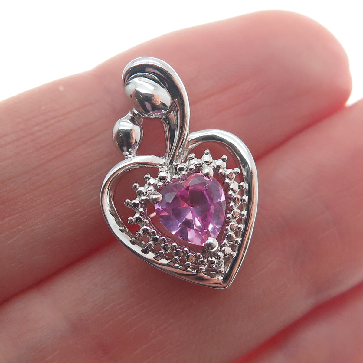 SUN 925 Sterling Silver Real Pink Sapphire Gemstone Heart Slide Pendant