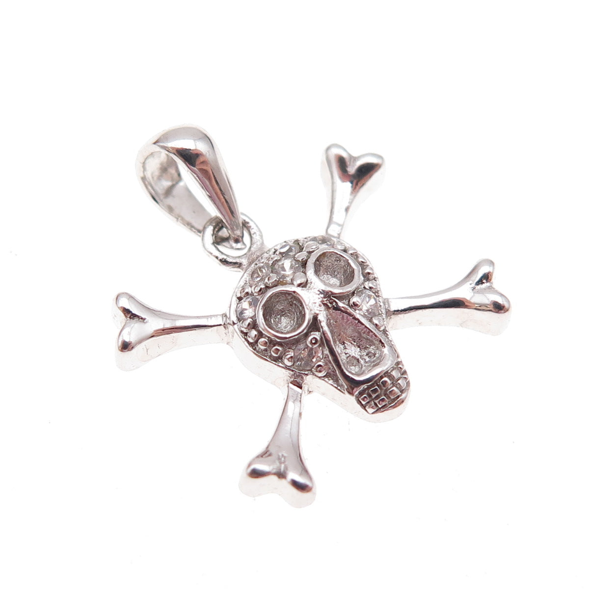 925 Sterling Silver Round-Cut C Z Skull & Crossbones Charm Pendant