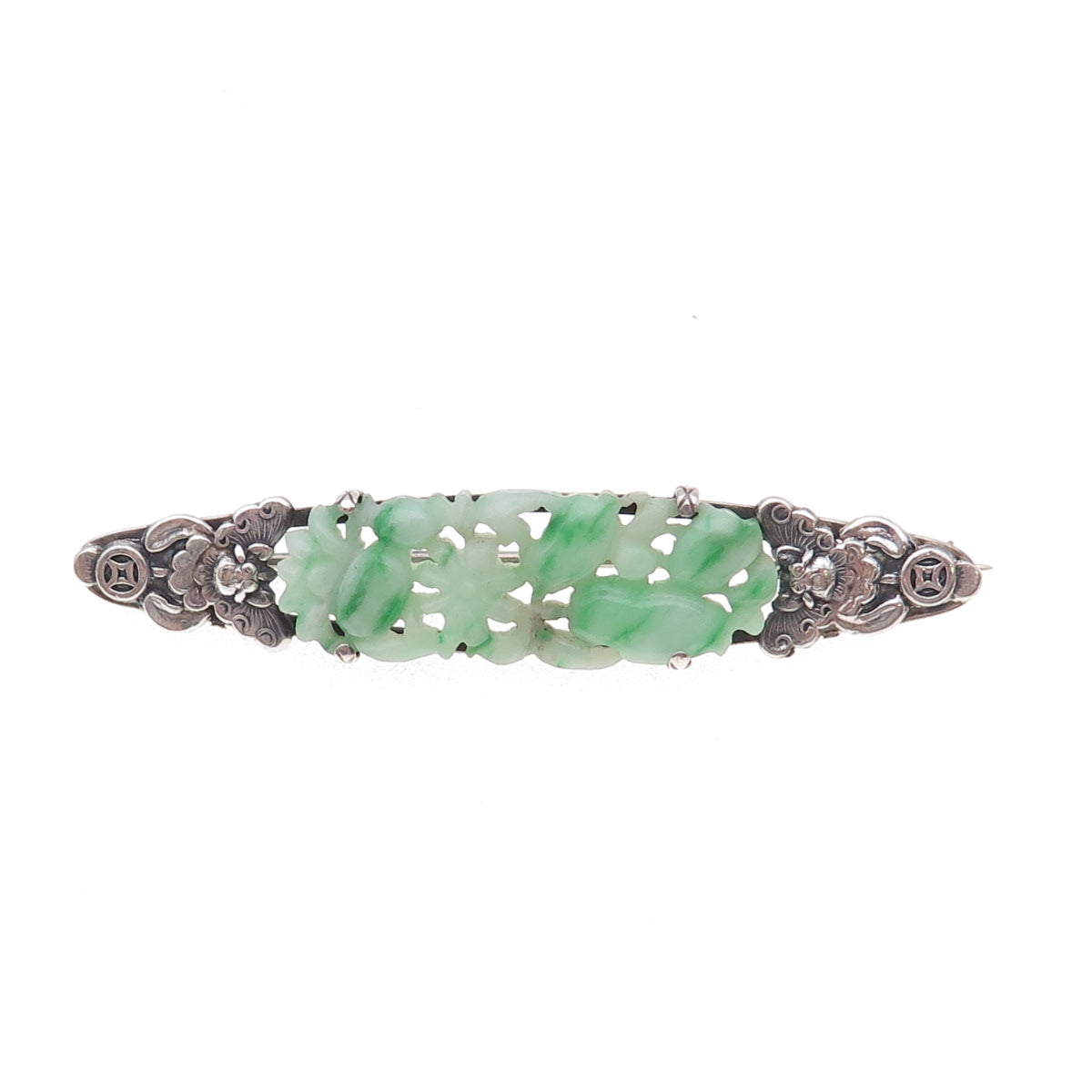 925 Sterling Silver Antique Chinese Real Carved Jade Floral Oxidized Pin Brooch