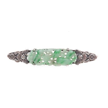 925 Sterling Silver Antique Chinese Real Carved Jade Floral Oxidized Pin Brooch