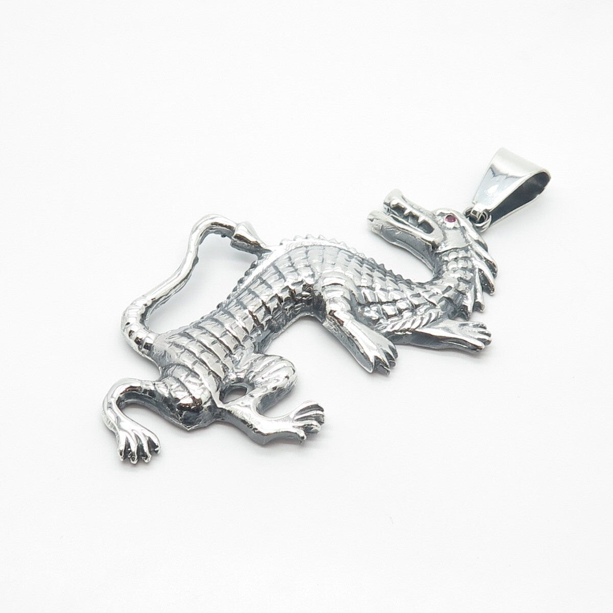 925 Sterling Silver Vintage Real Pink Sapphire Gem Dragon Pendant