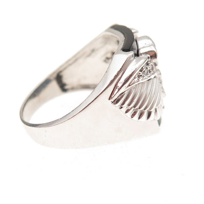 925 Sterling Silver Real Black Onyx Pink & White C Z Eagle Ring Size 9.5
