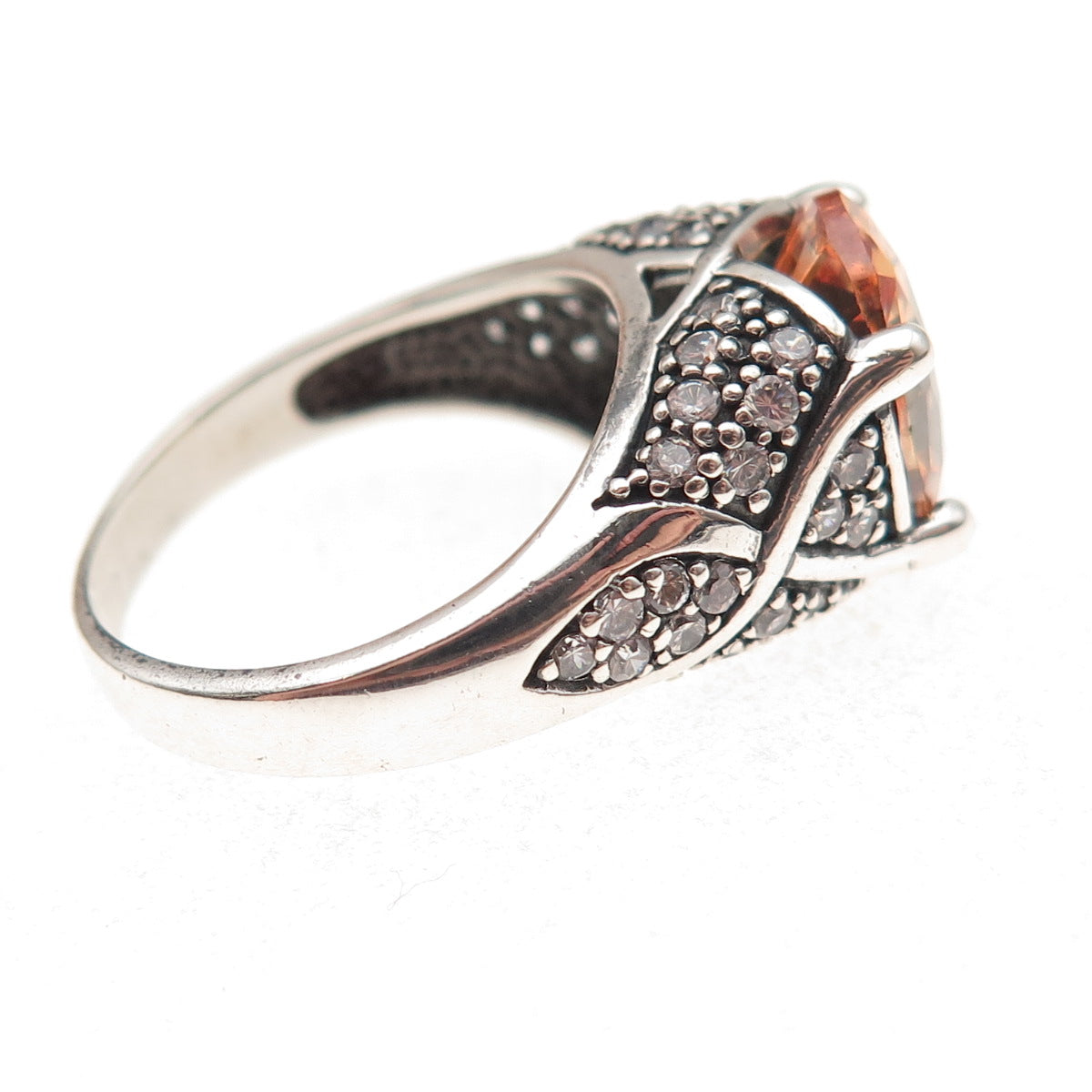 925 Sterling Silver Vintage Champagne & White C Z Oxidized Ring Size 8