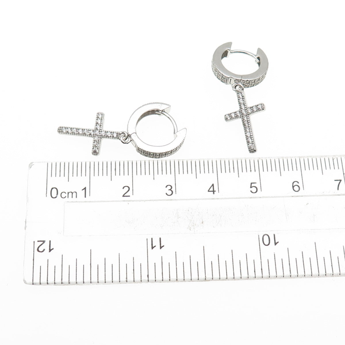 925 Sterling Silver Round-Cut C Z Dangle Cross Hoop Earrings