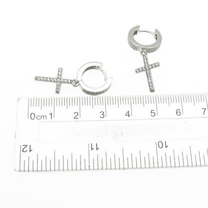 925 Sterling Silver Round-Cut C Z Dangle Cross Hoop Earrings