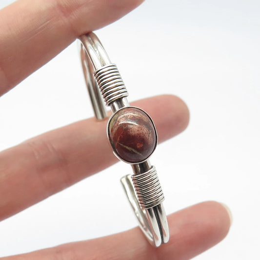 925 Sterling Silver Vintage Picture Jasper Gem Adjustable Cuff Bracelet 5.5"