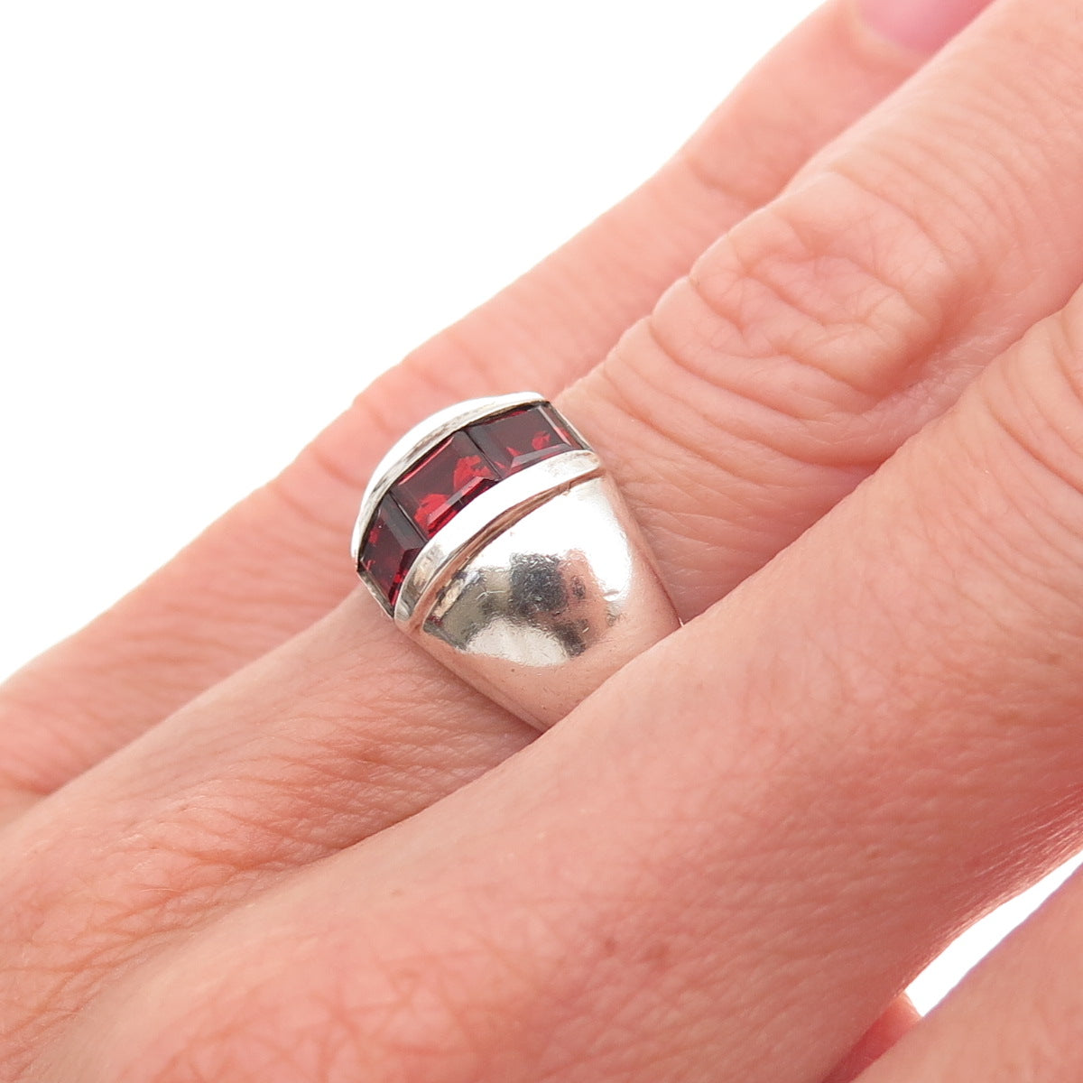 CNA Pranda 925 Sterling Silver Vintage Real Red Garnet Dome Oxidized Ring Size 5
