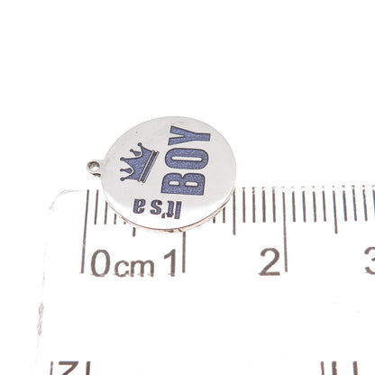 925 Sterling Silver Purple Enamel It's A Boy Round Tag Charm Pendant