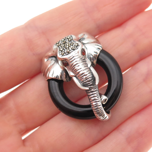 925 Sterling Vintage Real Black Onyx Marcasite Red Garnet Elephant Slide Pendant
