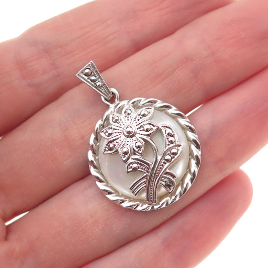 925 Sterling Silver Antique Art Deco Real MOP & Marcasite Floral Charm Pendant