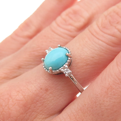 925 Sterling Silver Real Sleeping Beauty Turquoise & White Topaz Ring Size 8
