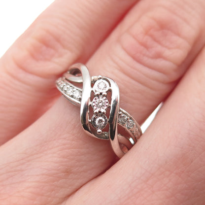925 Sterling Silver Real Round-Cut Diamond Twisted Ring Size 6
